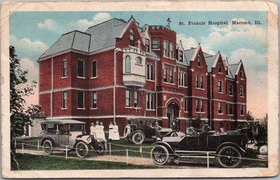Vintage MACOMB, Illinois Postcard ST. FRANCIS HOSPITAL Street View / 1918 Cancel