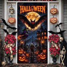 Halloween Door Banner Spooky Front Door Cover Decoration, Haunted House Fabric B