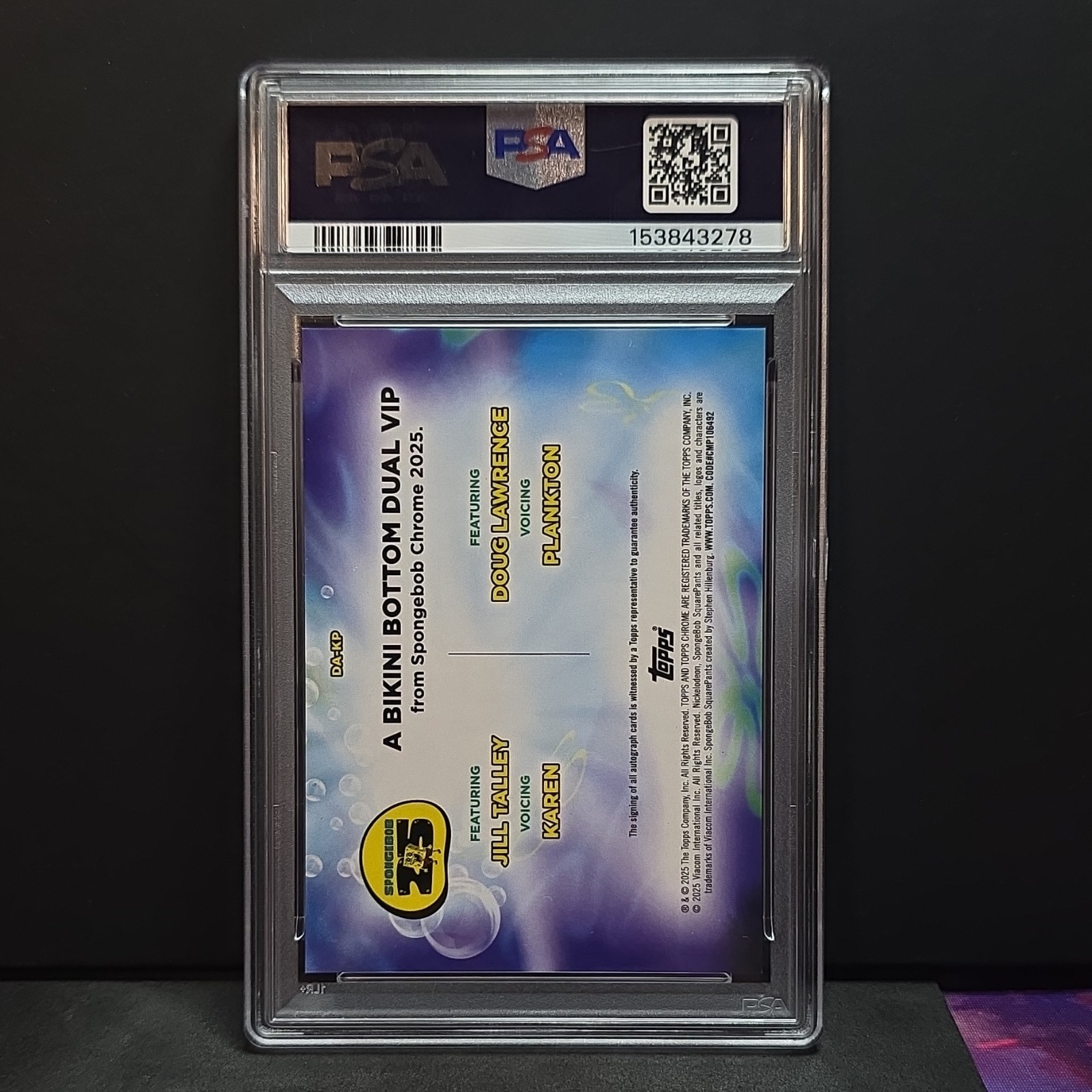 Topps 2025 SpongeBob Sapphire Karen Plankton Dual Autographs DA-KP PSA 9 view 2