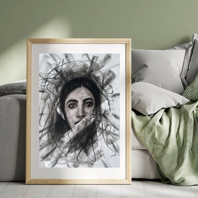 Emotionale Kohle Portrait Kunst | Abstrakte Frau Gesicht Zeichnung - Original, Wanddeko