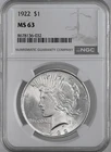 1922-P  $1 PEACE SILVER DOLLAR  "PHILADELPHIA MINT"  NGC MS63 #8678136-032