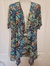 LuLaRoe Kimono Boho Duster Blue Geometric Aztec Print Size Medium Coverup