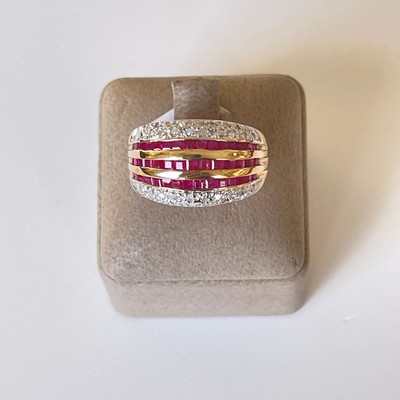 Ring 18K Bicolor Gold Square Ruby White Diamond Elegant Fine Jewelry