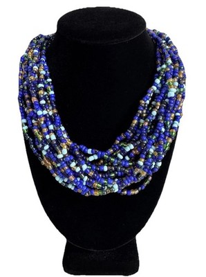 Artisan Boho Blue Stone Glass Bead Multi-Strand Twisted Torsade Style Necklace