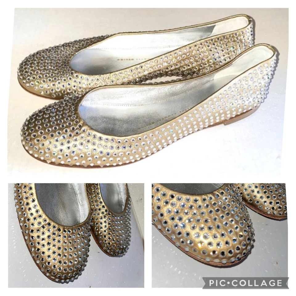 Zapatos planos de ballet Giuseppe Zanotti metálicos dorados de cristal de Swarovski-37,5 7,5 usados en excelente estado Foto 2 de 4