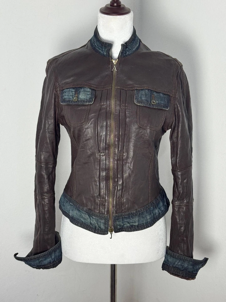 RARE VINTAGE ARMANI JEANS Sheepskin Leather Denim Trim Biker Moto Jacket Size 8 - Image 2 of 4