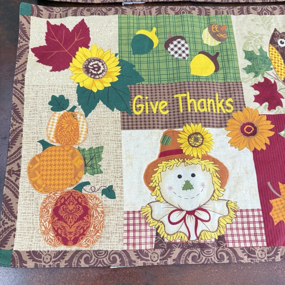 Essential Home Give Thanks Fall Scarecrow Owl Leaf Patchwork Placemats set of 2 - Image 4 of 4