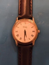 ESQ By Movado Gold Tone 25mm Ladies' Watch. Black Leather Band. New Battery
