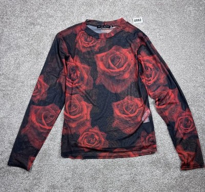 In The Style UK Made Red Rose Print Mesh Long Sleeve Top