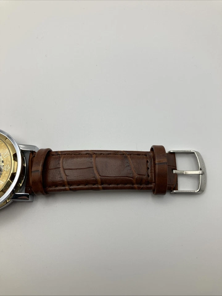 MG ORKINA AUTOMATIC SKELATON GOLD COLORED FACE WATCH WITH BROWN LEATHER BAND EUC - Image 3 of 4