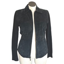 Womens Size Large 100% Genuine Black Suede Leather Jacket with Knit Sleeve