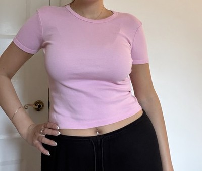 ZARA Pink Cropped Crew Neck Short Sleeve Knit Pullover Solid T-Shirt, Women S