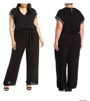 CeCe XL V-Neck Smocked Elastic Waist Cap Embroidered Sleeves Jumpsuit Women