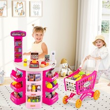 Supermarket Playset Kids 76 PC Pretend Play Grocery Store Shopping Cart Pink Toy