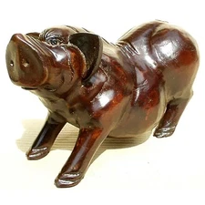 D-Art Collection Traditional Teak/Mahogany Solid Wood Pig Statue in Dark Brown