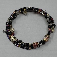 Glass Beaded Wrap Bracelet Black Multicolor Czech Flower Spotted Marble Boho