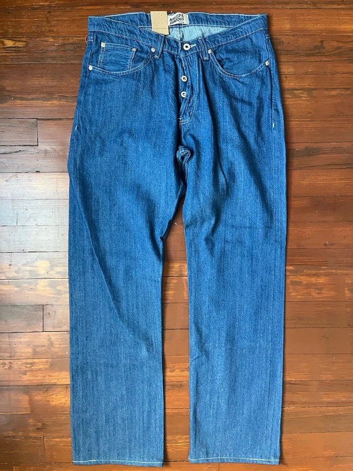 Pantalones de mezclilla azules ligeros Naked & Famous Workforce Ribete True Guy 33x31 nuevos con etiquetas Foto 3 de 4
