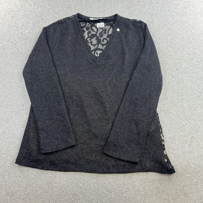 Rinascimento Shirt Womens XL Black Metallic Lace Back Lined Long Sleeve Top