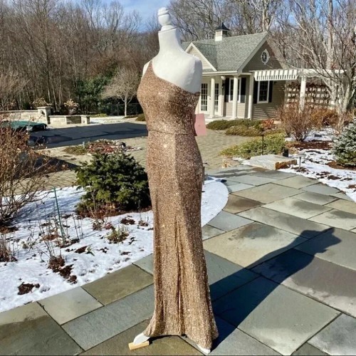 NWT Anthropologie BHLDN Caspian Gold Sequin One Shoulder Maxi Dress Long Size 14 - Picture 6 of 14