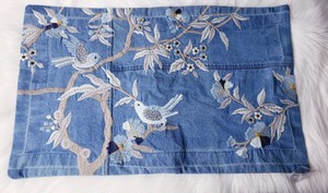 Pottery Barn Denim Bird Lumbar Pillow Cover Blue 16x26 Embroidered