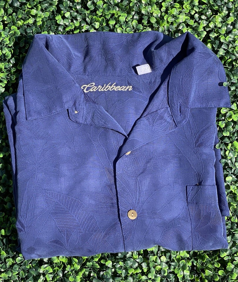 Caribbean Mens Embossed Tropical Navy Blue Button Up Short Sleeve 4XB