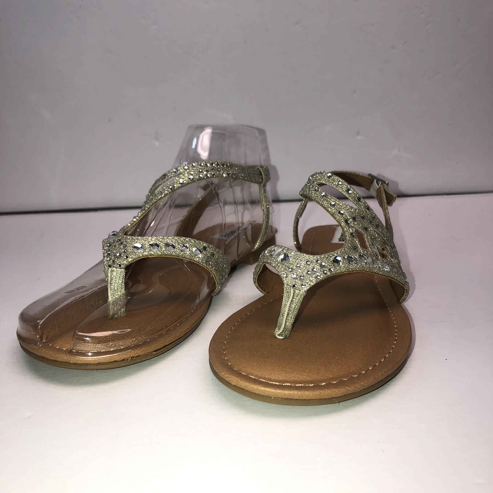 New Not Rated Womens Bestie Beige Rhinestone Buckle Sandals Sz-8 Slingback Flats