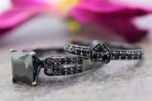 Bridal Wedding Ring 14k Black Gold Plated 2Ct Princess Simulated Black Diamond - Bild 2 von 8