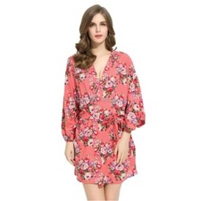 Satin Floral Pink Japanese Kimono Pajamas Sleepwear Bathrobe Medium
