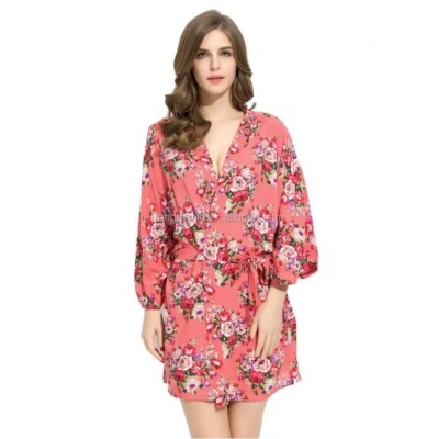 Satin Floral Pink Japanese Kimono Pajamas Sleepwear Bathrobe XXL