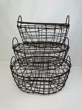 3 Rustic Oval Metal Wire Handled Baskets with Lids - 3 Sizes Stackable