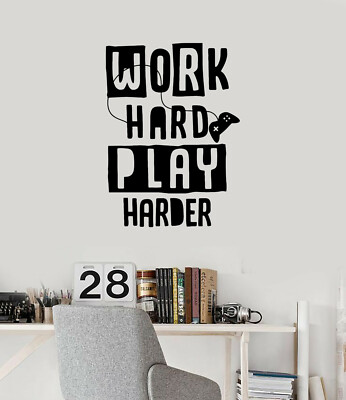 Gamer Quote Vinyl Wall Decal Video Game Work Hard Play Harder Stickers (ig5308) 