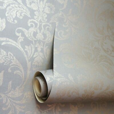 Holden Decor Glistening Floral Damask Metallic Rose Gold Grey Wallpaper ...