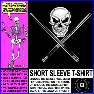 Skull and Crossed Cue Sticks Warning 8 Ball Billiards Pool Player T-shirt