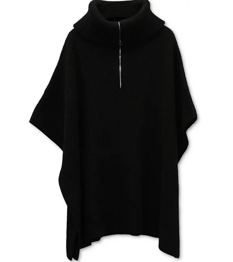 MICHAEL KORS rib knit zip cowl neck heavyweight women's poncho topper -BLACK-OS~