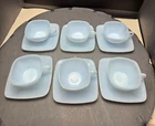Vintage Blue Milk Glass Cups/Saucers Set of 6 MCM Square Saucers Fire King Style