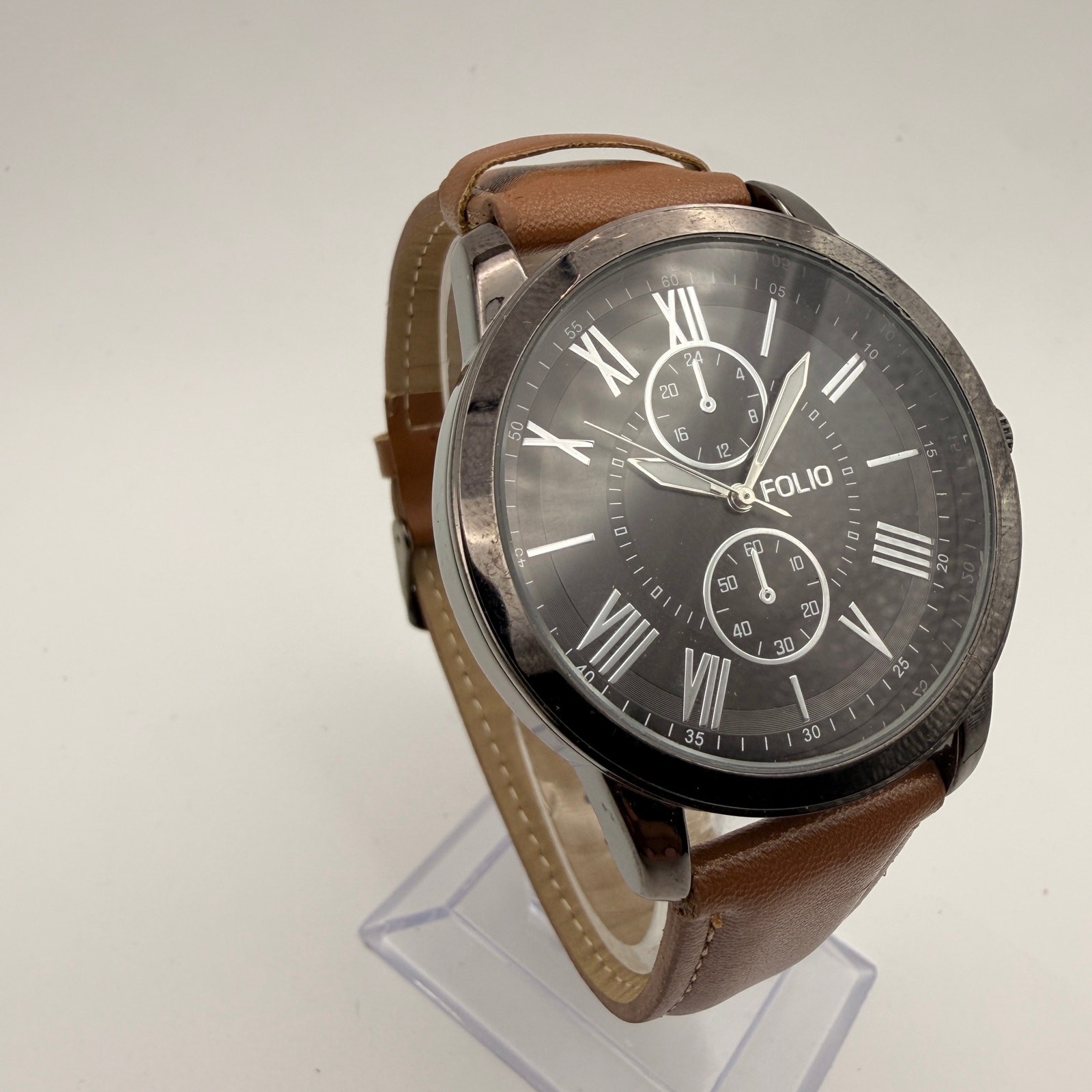 Folio Men's Gunmetal Quartz Watch with Brown Strap Working New Battery image 2