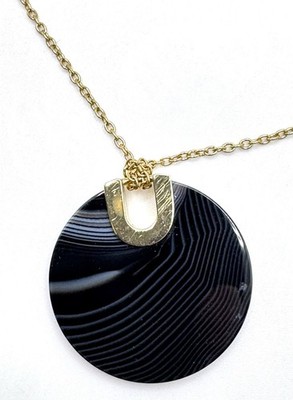 Signed Michael Kors Necklace Cityscape Disc Gold Tone Dark Blue  Agate Pendant