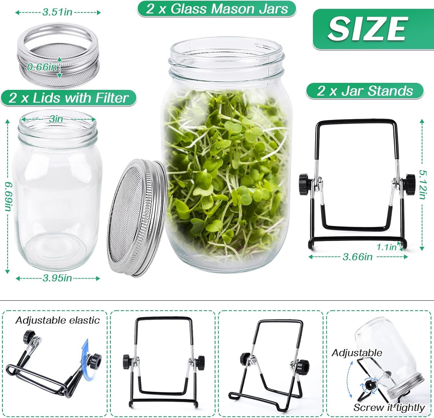 Seed Sprouting Jar Kit with 2 Wide Mouth Mason Jars Bean 2-Jars (Style A) 