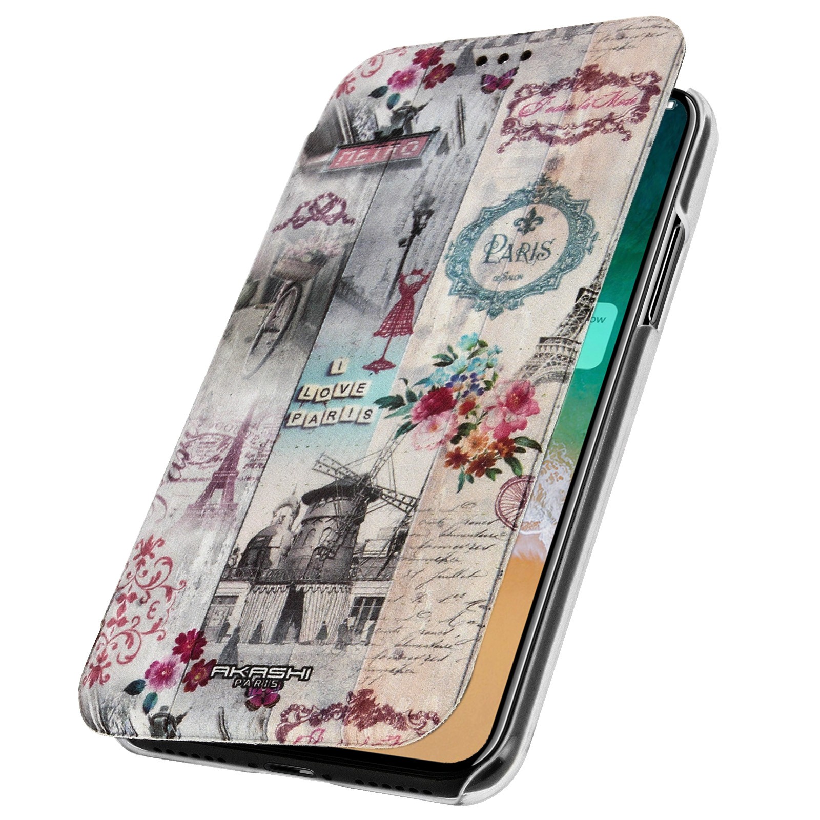 Coque iPhone X à rabat Akashi Salon de Paris en cuir noir avec porte-cartes