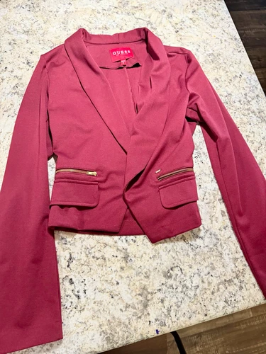 GUESS Women's Burgundy Open Front Blazer Jacket Long Sleeve Knit M Zip - product listing photo
