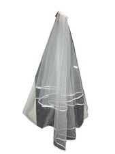 two-tier white bridal veil with a satin ribbon edge trim, One Size With Comb