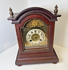 Unique Antique Junghans German Wooden Mantel Clock, Brass Face
