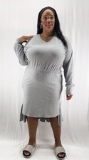 Plus Size Women’s 1X Gray Long Sleeve Ruched Waist Dress with Side Slits