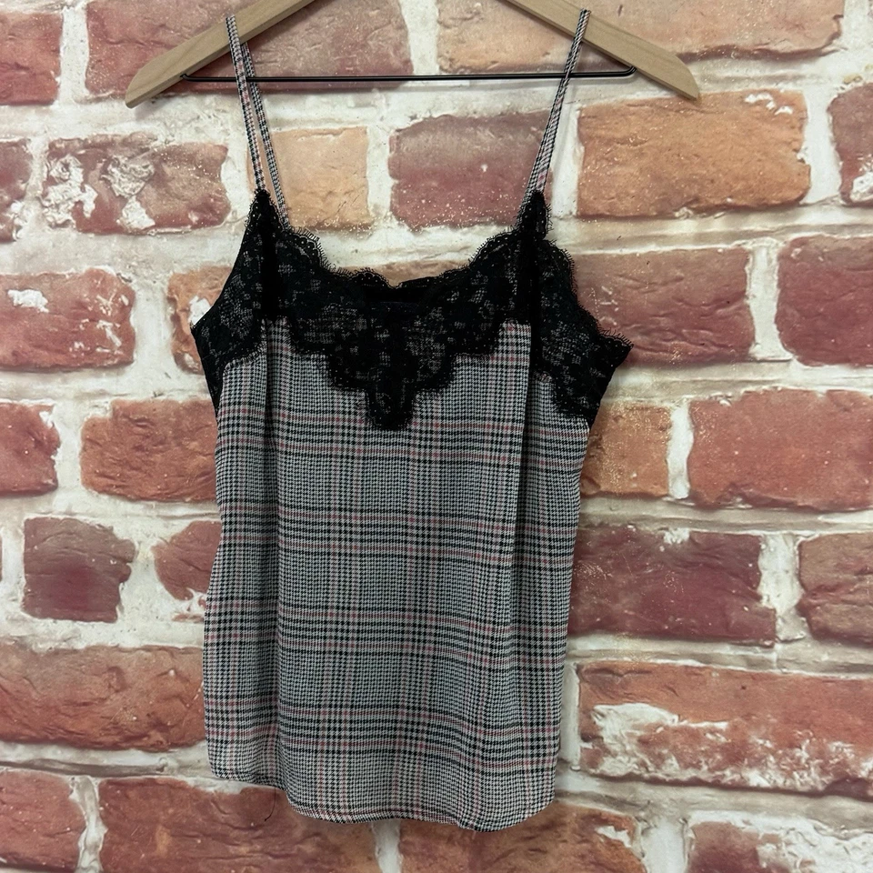 Camiseta sin mangas Abercrombie & Fitch para mujer XS negra blanca roja pata de gallo encaje camisola Foto 3 de 4