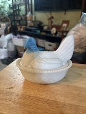 Rare Blue and White Milk Glass Hen On A Nest ...