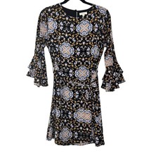 GILLI WOMENS BLACK FLORAL TIE WAIST FLUTTER SLEEVE SIZE SMALL