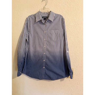 Lands End Womens Striped Ombre Cotton Roll Tab Button Down Shirt M 10-12