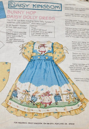 VNTG! Daisy Kingdom Bunny Hop Daisy Dolly Dress 17-19" Doll 1998 Cut &Sew Fabric