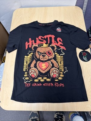 Hustle Grind Never Stops Bear Shirt Rebelious Culture Streetwear Graphic Tee L