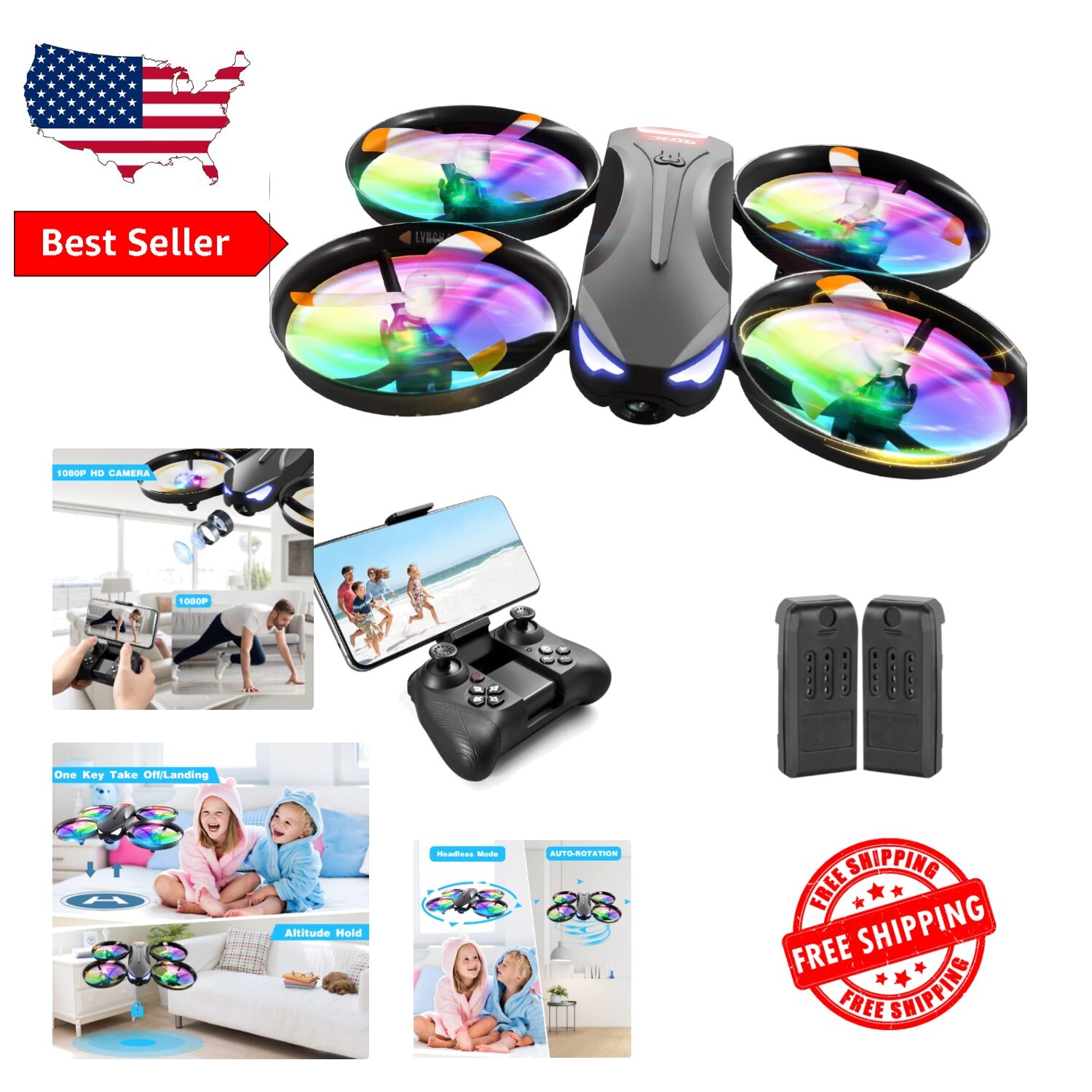 Kid-Friendly 1080P Drone with LED Flips, Gestures & Durable Design-image